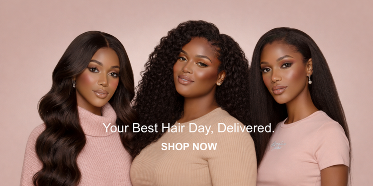 Three women with styled hair on a pink background with promotional text.
